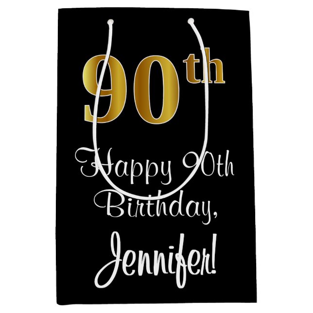 Sacola Para Presentes Média Luxuoso, Elegante, Faux Dourado Olha 90 Aniversári (Frente)