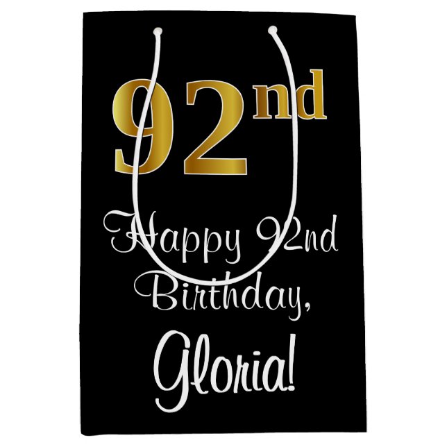 Sacola Para Presentes Média Luxuoso, Elegante, Faux Dourado Olha 92º aniversár (Frente)