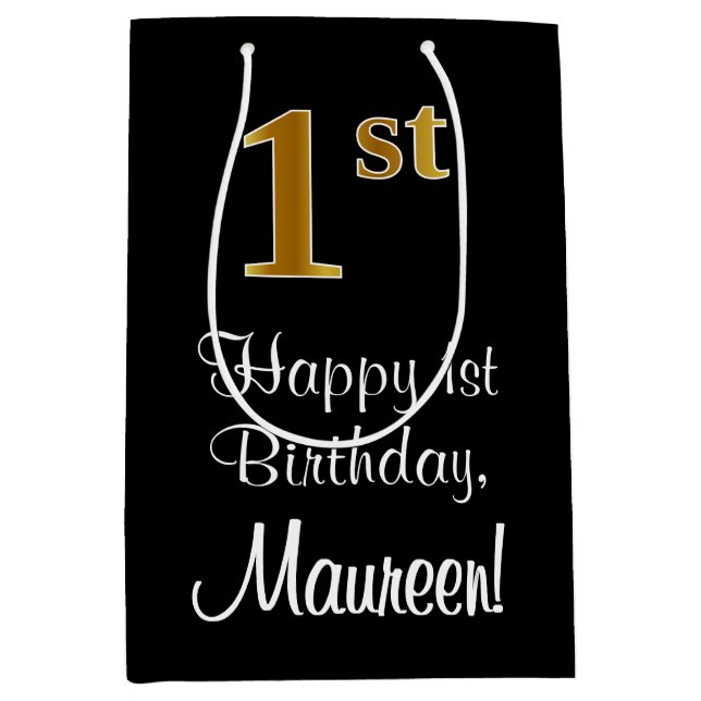 Sacola Para Presentes Média Luxuoso, Elegante, Faux Dourado primeiro aniversar (Frente)