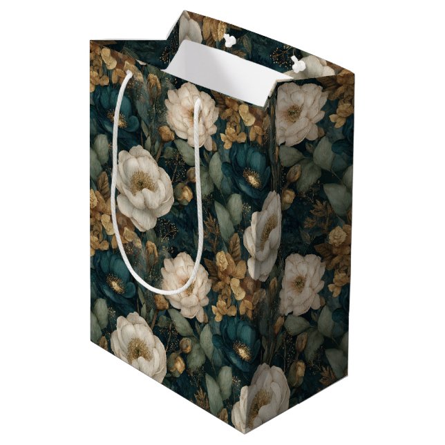 Sacola Para Presentes Média Luxury Christmas Green Gold and Cream Floral (Verso inclinado)