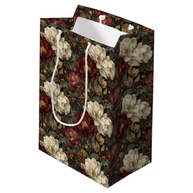 Sacola Para Presentes Média Luxury Christmas Red and Winter White Floral (Verso inclinado)