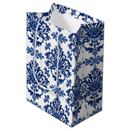 Sacola Para Presentes Média Luxury Royal Blue and White Baroque Floral Pattern