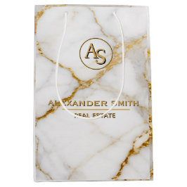 Sacola Para Presentes Média Luxury White Marble Gold Monogram Real Estate