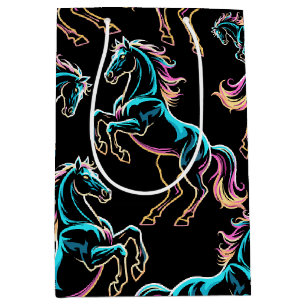 Sacola Para Presentes Média Luz Neon de Cavalo Efeito Glitch Estilo Retro