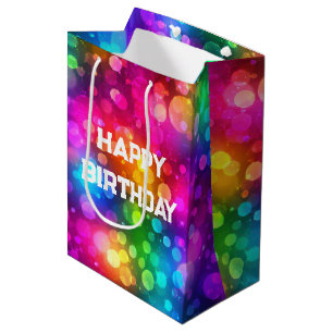 Sacola Para Presentes Média Luzes de Bokeh Arco-Íris Neon de Aniversário