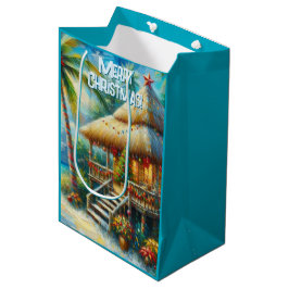 Sacola Para Presentes Média Luzes de praia de palmeira de Natal Tropical