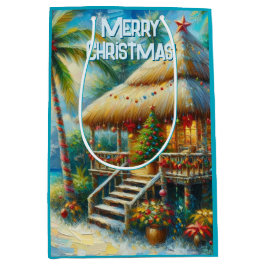 Sacola Para Presentes Média Luzes de praia de palmeira de Natal Tropical