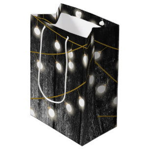 Sacola Para Presentes Média Luzes Douradas de Cordas de Madeira Negra Rara