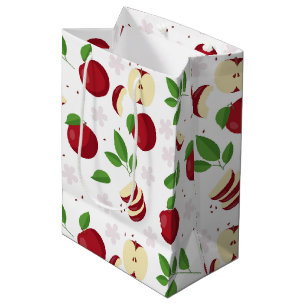 Sacola Para Presentes Média Maçãs Vermelhas, Blossomas e Padrão Verde