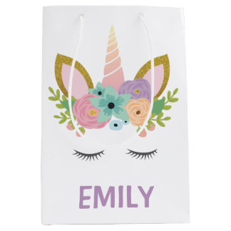 Sacola Para Presentes Média Magical Unicorn Personalizado nome brilha
