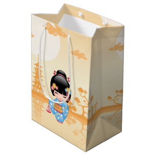 Sacola Para Presentes Média Maiko Kokeshi Doll Cute Japonês Geisha Amarelo