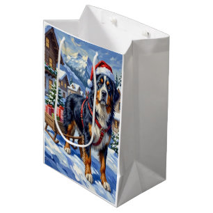 Sacola Para Presentes Média Majestoso Cão de Montanha Bernês Natal Alpino