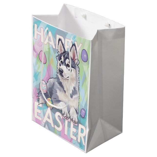 Sacola Para Presentes Média Malamute do Alasca Feliz Páscoa (Frente inclinada)