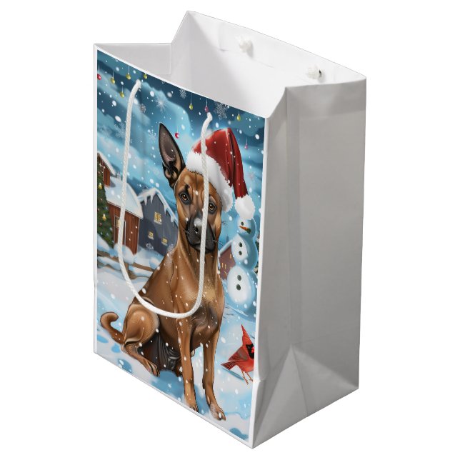 Sacola Para Presentes Média Malinoi Belga Cão Inverno Wonderland Natal (Frente inclinada)