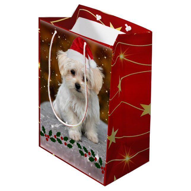 Sacola Para Presentes Média Maltês Puppy Natal (Verso inclinado)