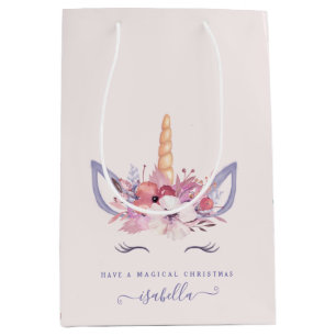 Sacola Para Presentes Média Mancha de unicórnio floral com aquarela