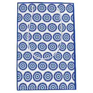 Sacola Para Presentes Média Mandala Grego Mau Olho Padrão Azul Branco