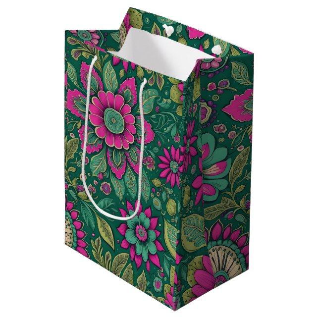 Sacola Para Presentes Média Mandalas de Flores em flor rosa verde (Frente inclinada)