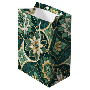 Sacola Para Presentes Média Mandalas Florais Esmeralda e Dourado - Ornamental