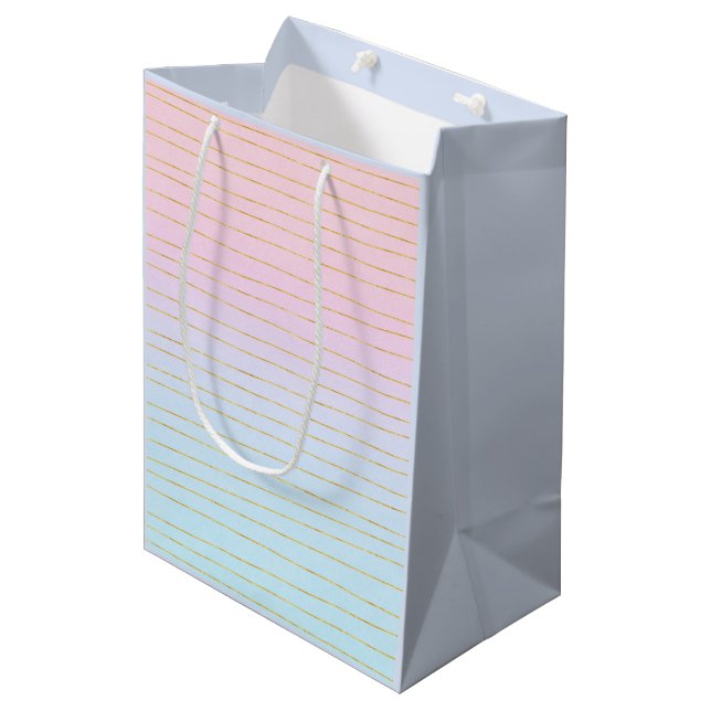 Sacola Para Presentes Média Mão Azul Rosa com Linhas Douradas (Frente inclinada)