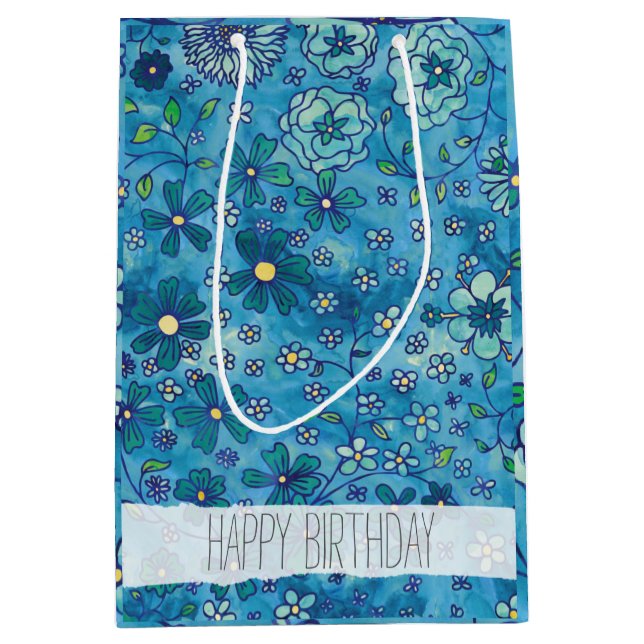 Sacola Para Presentes Média Mão azul teste padrão floral tirado da aguarela (Frente)