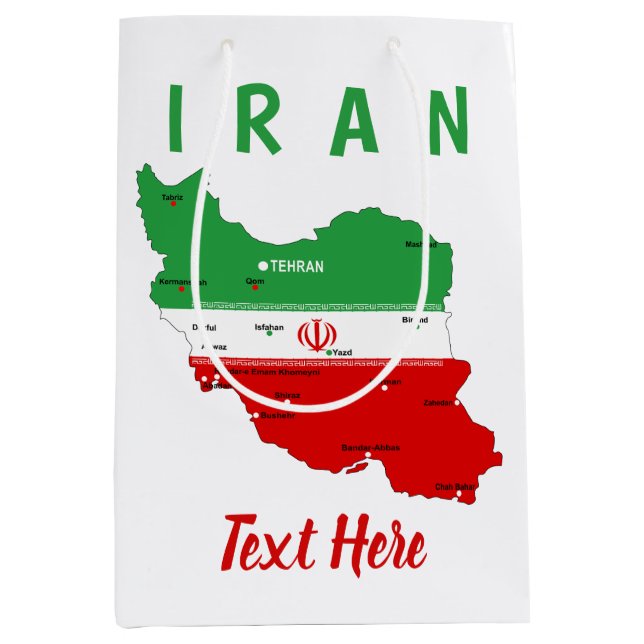 Sacola Para Presentes Média Mapa do Irã com Bandeira e Emblema (Frente)