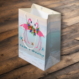 Sacola Para Presentes Média Mar e Saudações Flamingos de Natal Rosa Aqua
