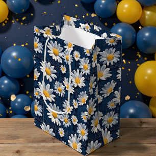 Sacola Para Presentes Média Margaridas no Aniversário de Jeans Azul