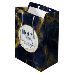 Sacola Para Presentes Média Marinho Azul e Dourado Marble Moderno Aniversário
