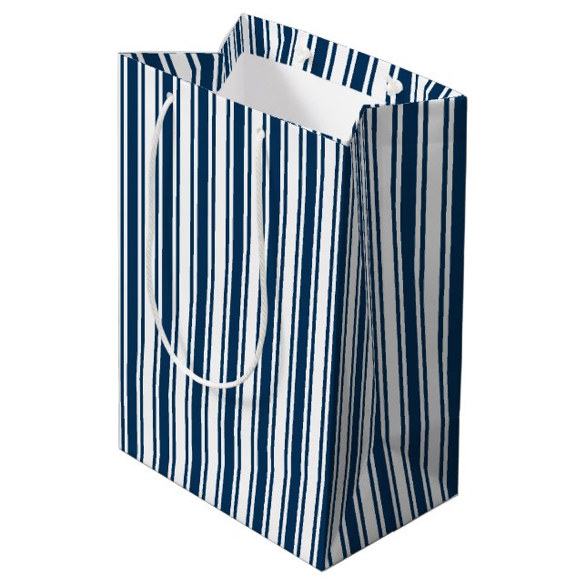 Sacola Para Presentes Média Marinho azul e faixas brancas de doces (Verso inclinado)