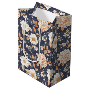 Sacola Para Presentes Média Marinho Azul Pêssego Floral Aniversário