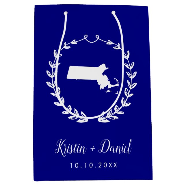 Sacola Para Presentes Média Marinho Blue Massachusetts Map Bote Boas-vindas Sw (Frente)