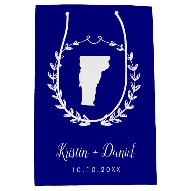 Sacola Para Presentes Média Marinho Blue Vermont Map Weding Welcome Swag (Frente)
