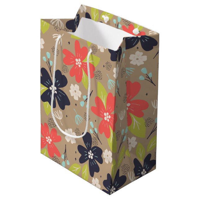 Sacola Para Presentes Média Marinho Branco de Poinsettia de Natal desenhado (Frente inclinada)