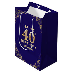 Sacola Para Presentes Média Marinho de aniversário de 40 anos azul e brilho Do