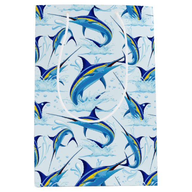 Sacola Para Presentes Média Marlins Azul Saltando do Oceano (Frente)