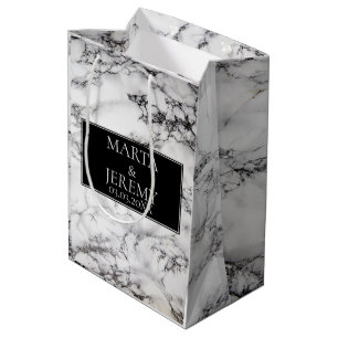 Sacola Para Presentes Média Mármore branco elegante com preto