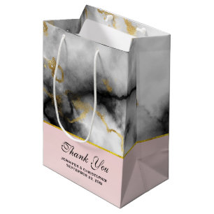 Sacola Para Presentes Média Mármore cinzento branco moderno com fita Dourado