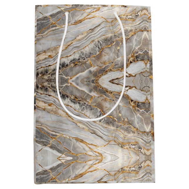 Sacola Para Presentes Média Mármore Dourado Quebrado Moderno (Frente)