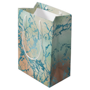 Sacola Para Presentes Média Mármore Luxo Belas Veias Amarelas e Coral Turque