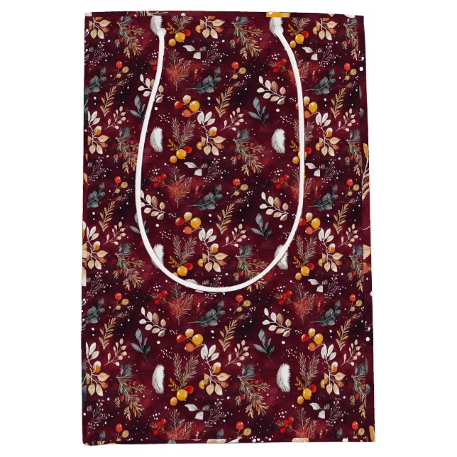 SACOLA PARA PRESENTES MÉDIA MAROON CHRISTMAS DECORAÇÃO FESTIVA PENA FLORAL (Frente)