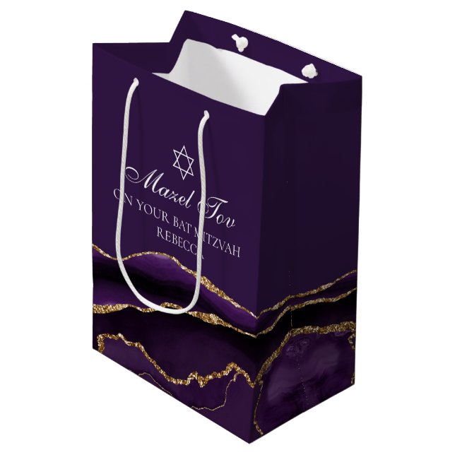 Sacola Para Presentes Média Mazel Tov Purple Dourado Personalizado Bat Mitzvah (Frente inclinada)