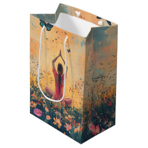 Sacola Para Presentes Média Meditação do Prado do Pôr do Sol com Borboletas (1