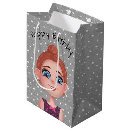 Sacola Para Presentes Média Menina de Aniversário de Desenho Animado em Bolinh