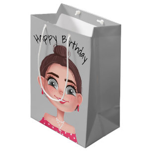 Sacola Para Presentes Média Menina de Aniversário de Desenho Animado em Cinza