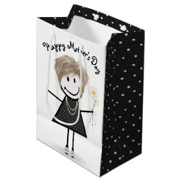 Sacola Para Presentes Média Menina de palito do Dia das Mães com Margaridas