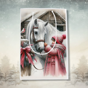 Sacola Para Presentes Média Menina e o Natal Russo do Cavalo