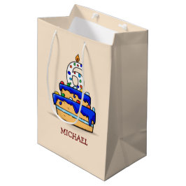 Sacola Para Presentes Média Menino Aniversário de 6 anos, 6 no Bolo Azul Doce