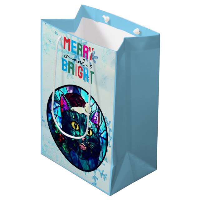 Sacola Para Presentes Média Meowing Stained-Glass Christmas Black Cat (Frente inclinada)
