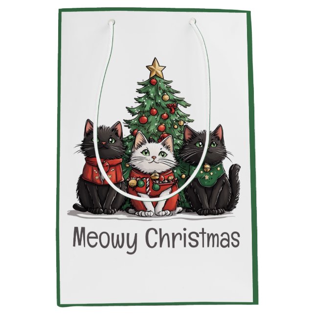Sacola Para Presentes Média Meowy Christmas Cats Holiday Tree (Frente)